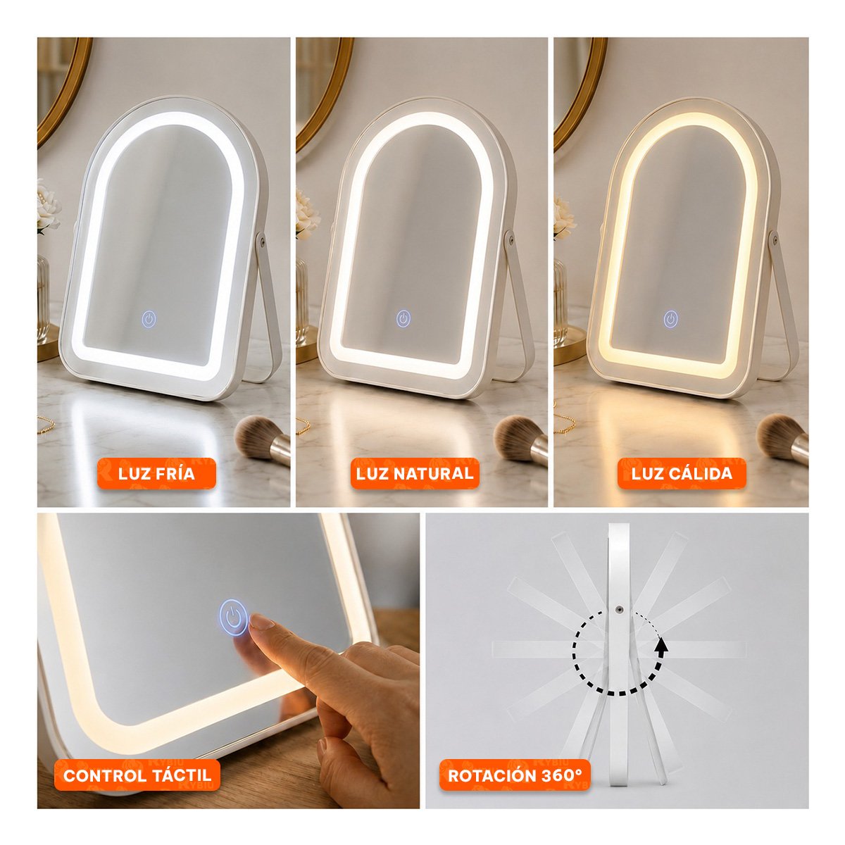 ESPEJO LED DE MESA CON 3 TIPOS DE LUZ PARA MAQUILLAJE Y CUIDADO BLANCO - 3