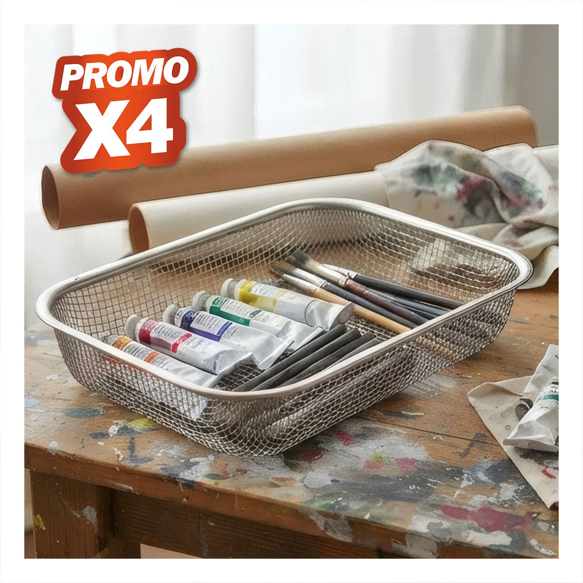 PACK4 CANASTA PARA MESA 29,5X22X6,3CM DE MALLA RECTANGULAR PLATEADO YPAPEL REGALO - 1