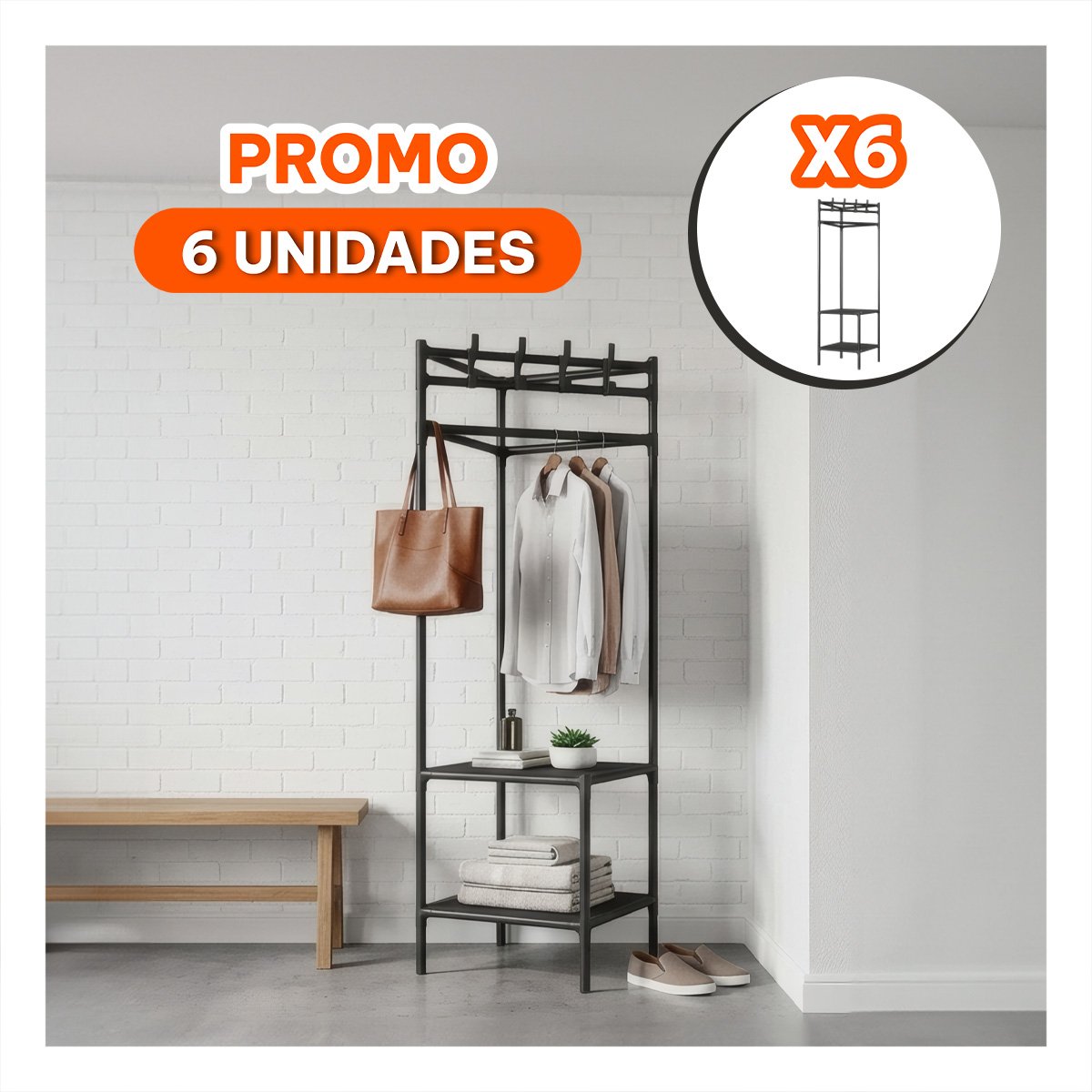 PACK6 ORGANIZADOR NEGRO PARA ENTRADA CON PERCHERA ESQUINERO 177X41CM 2 NIVELES YREGALO STICKER - 1