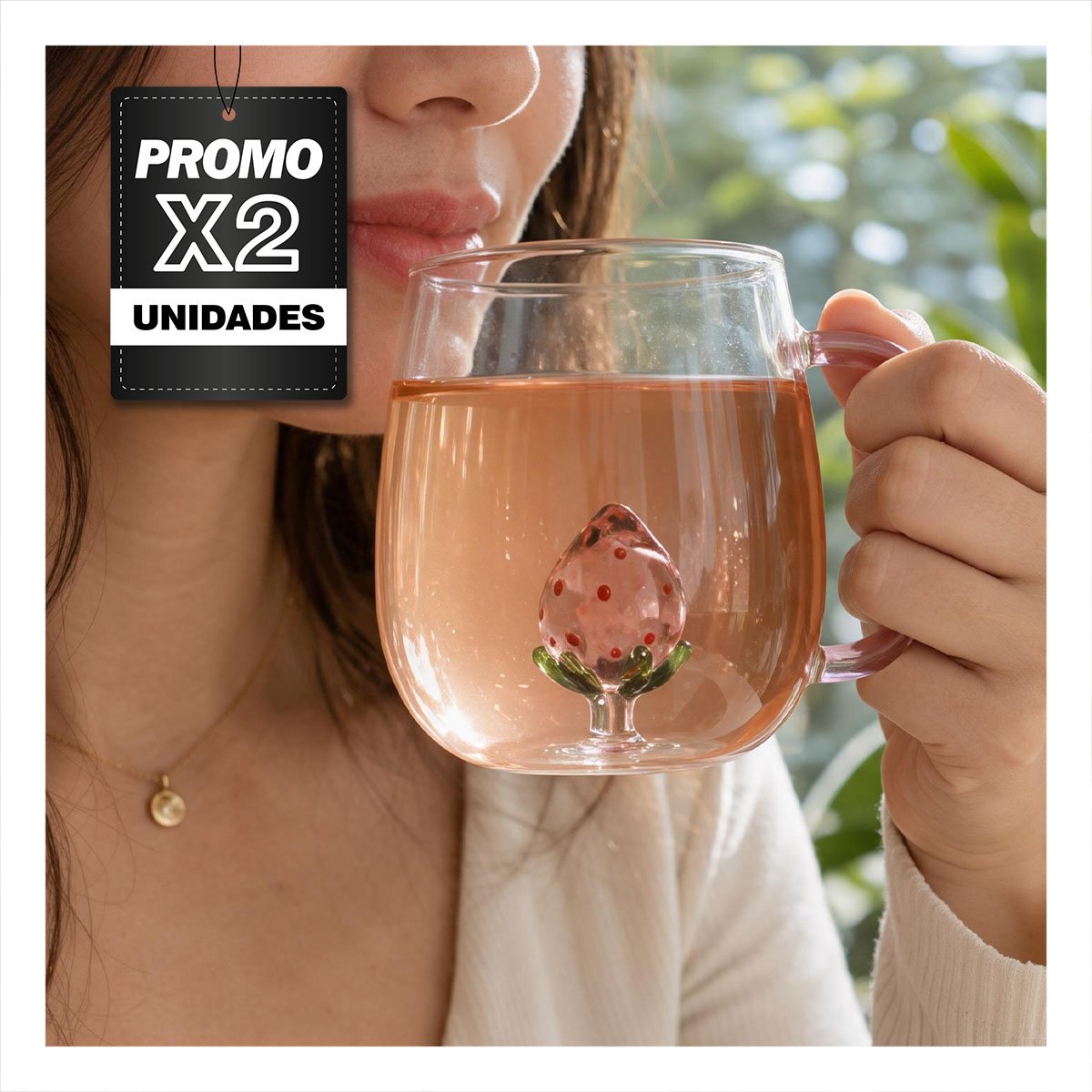 PACK2 VASO TRANSPARENTE PARA USO DIARIO CON FRESA ADENTRO Y ASA ROSADA - 1