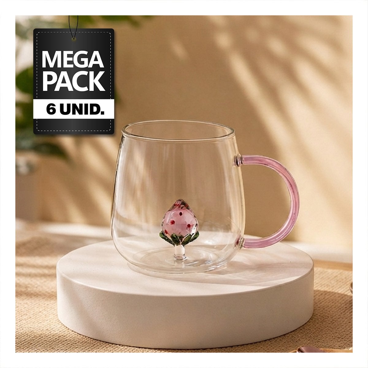 PACK6 TAZA PARA USO DIARIO EN CASA CON FRESA ADENTRO TRANSPARENTE Y ASA ROSADA - 1