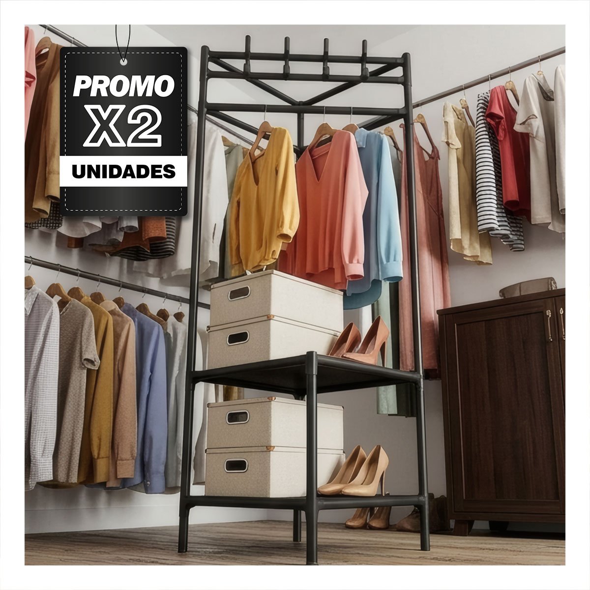 PACK2 ORGANIZADOR ESQUINERO PARA ZAPATOS CON PERCHERA NEGRO DE 2 NIVELES 177X41CM - 1