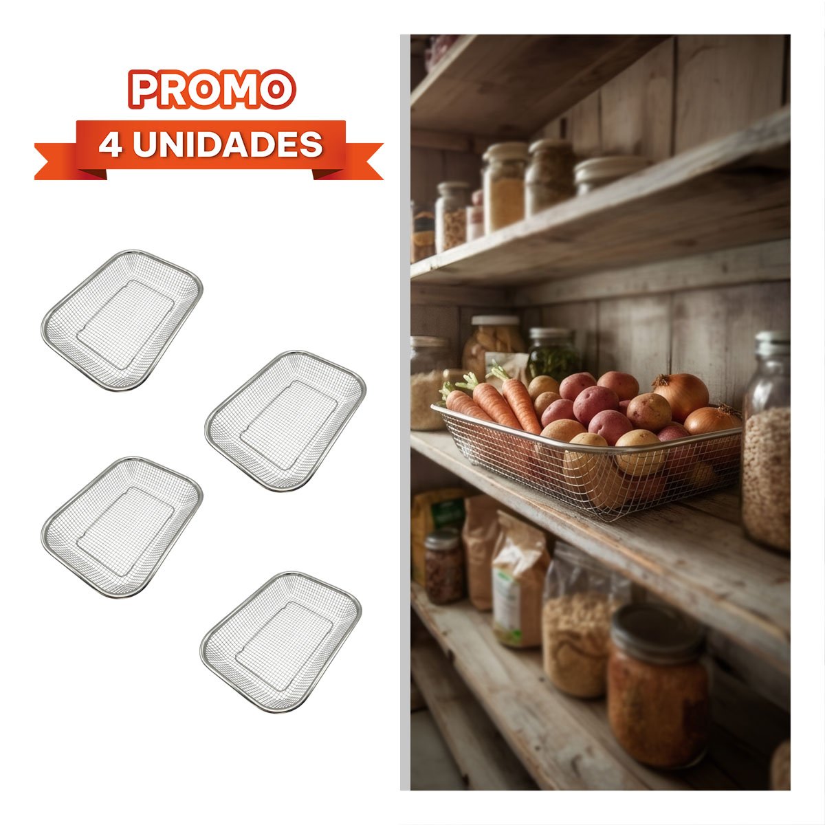 PACK4 BANDEJA PLATEADO PARA COCINA 29,5X22X6,3CM RECTANGULAR DE MALLA YREGALO STICKER - 1
