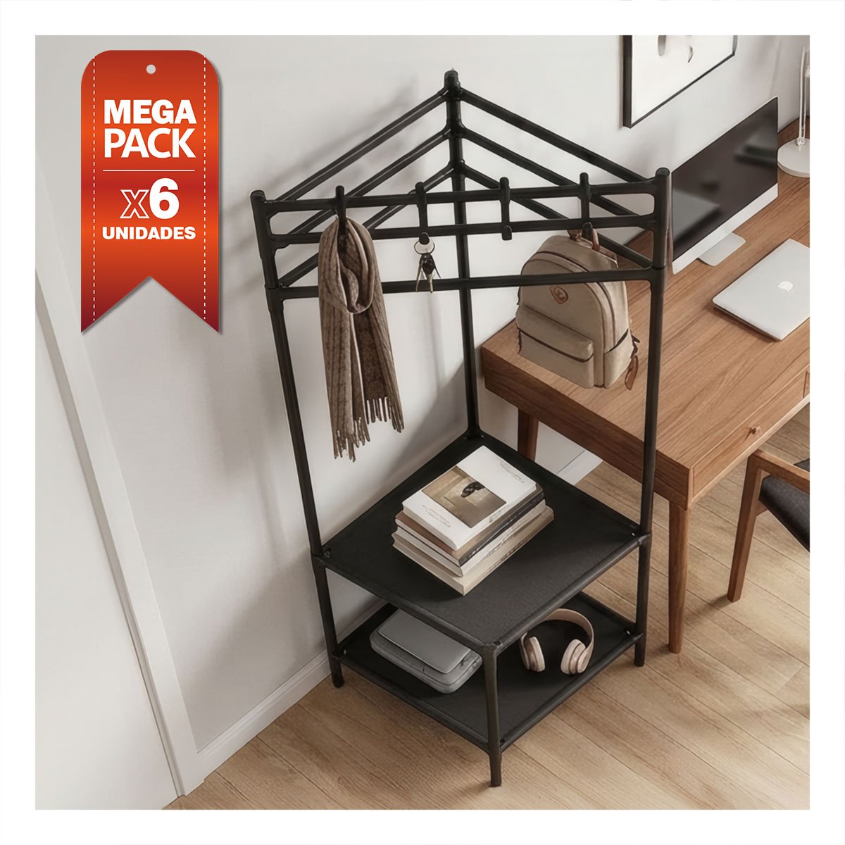 PACK6 ZAPATERA CON 2 NIVELES NEGRO PARA CALZADO Y PERCHERA ESQUINERO 177X41CM YPAPEL REGALO - 1