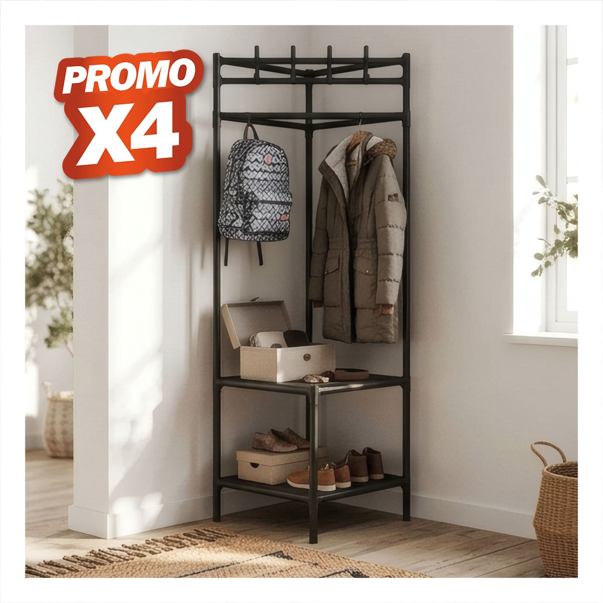 PACK4 ORGANIZADOR CON 2 NIVELES PARA CALZADO NEGRO ESQUINERO Y PERCHERA 177X41CM YPAPEL REGALO - 1