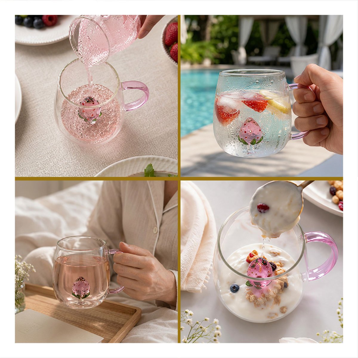 ENVASE PARA BEBIDAS Y MERIENDAS CON FRESA ADENTRO TRANSPARENTE Y ASA ROSADA Y REGALO STICKER - 3