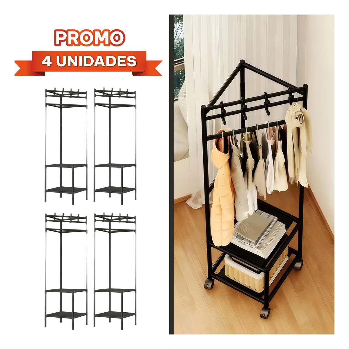 PACK4 ESTANTE ESQUINERO NEGRO DE 2 NIVELES PARA ZAPATOS CON PERCHERA 177X41CM YREGALO STICKER - 1