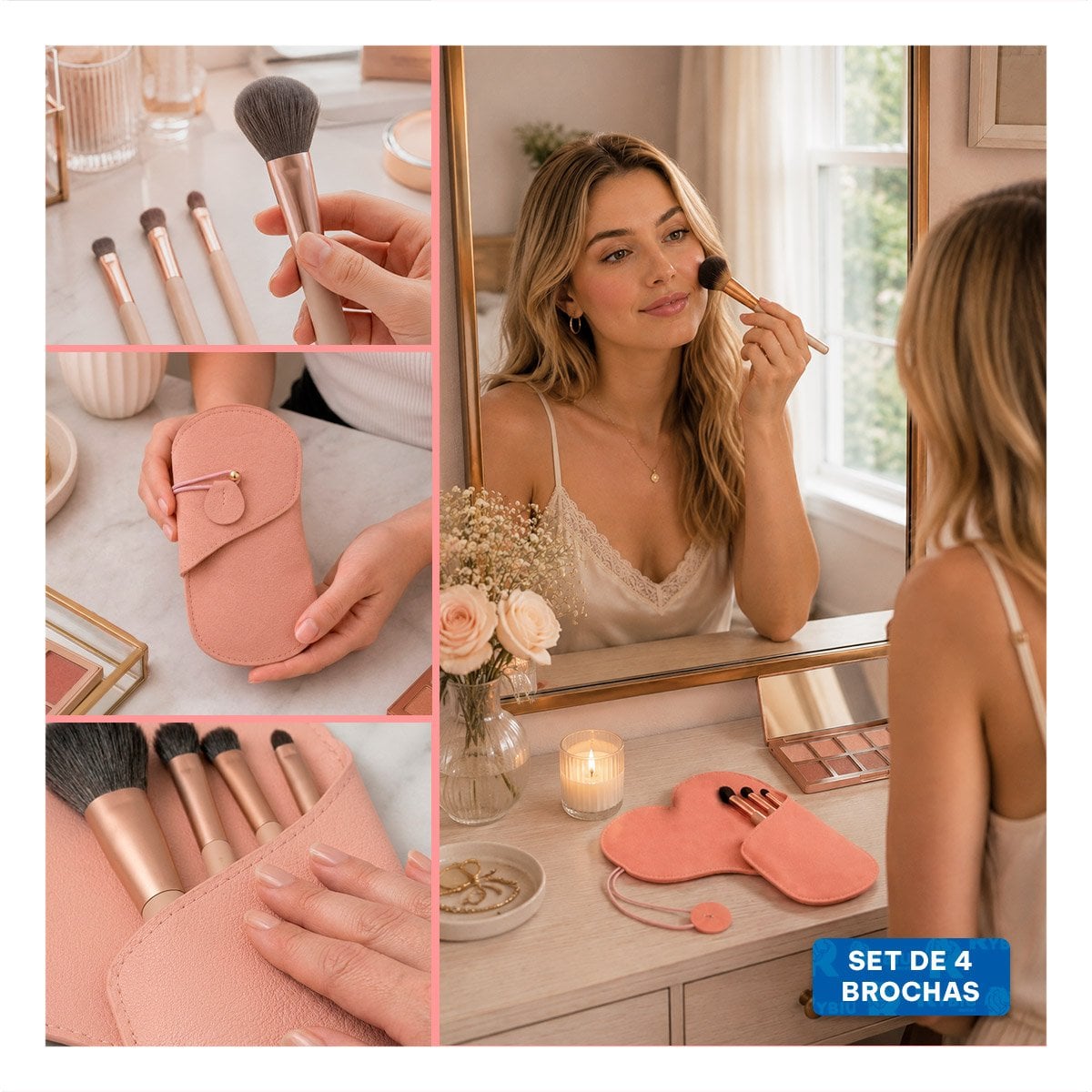 JUEGO 4 BROCHAS PARA MAQUILLAJE CON ESTUCHE ROSADO PARA ROSTRO MODA FINA Y REGALO STICKER - 3