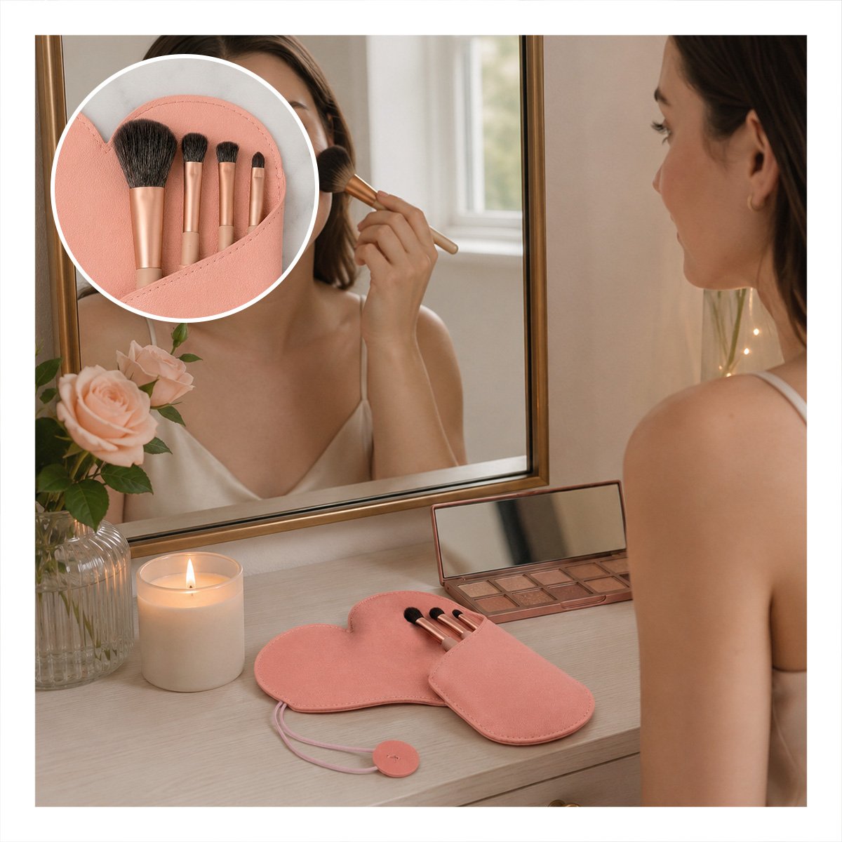 PACK6 KIT 4 BROCHAS PARA MAQUILLAJE CON ESTUCHE ROSADO PARA ROSTRO MODA BONITA YPAPEL REGALO - 3