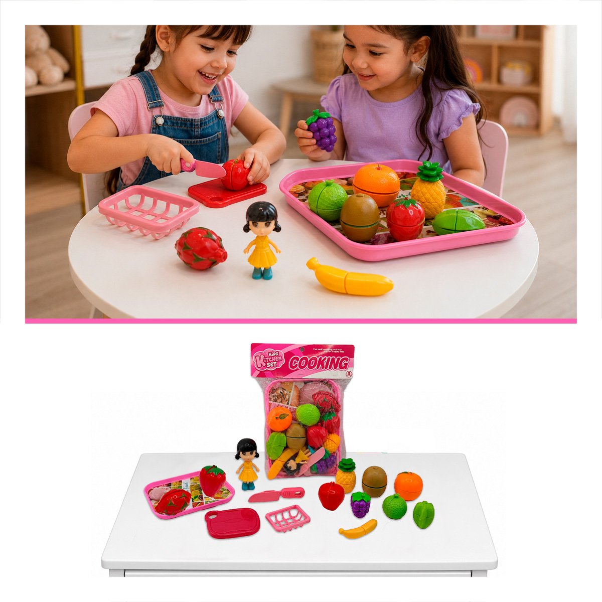 JUEGO DE COCINA CON FRUTAS Y VERDURAS MULTICOLOR PARA NIÑOS 15PZ Y LIGAS REGALO - 1