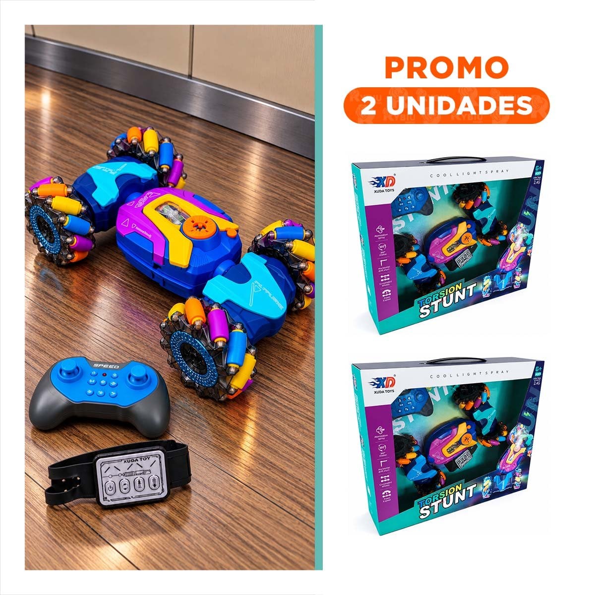 PACK2 CARRO ACROBATICO CON CONTROL Y RELOJ MULTICOLOR PARA NINOS DE CASA - 1
