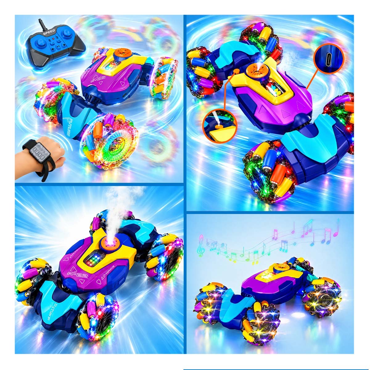 PACK2 CARRO ACROBATICO CON CONTROL Y RELOJ MULTICOLOR PARA NINOS DE CASA - 4