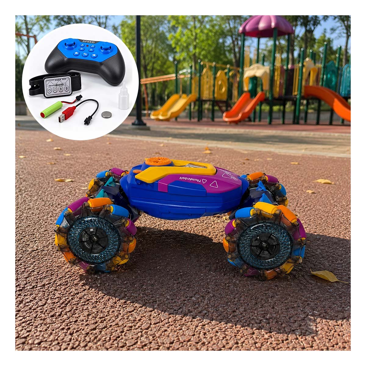 VEHICULO ACROBATICO CON CONTROL Y RELOJ MULTICOLOR PARA NINOS DE CASA NUEVO Y REGALO STICKER - 1