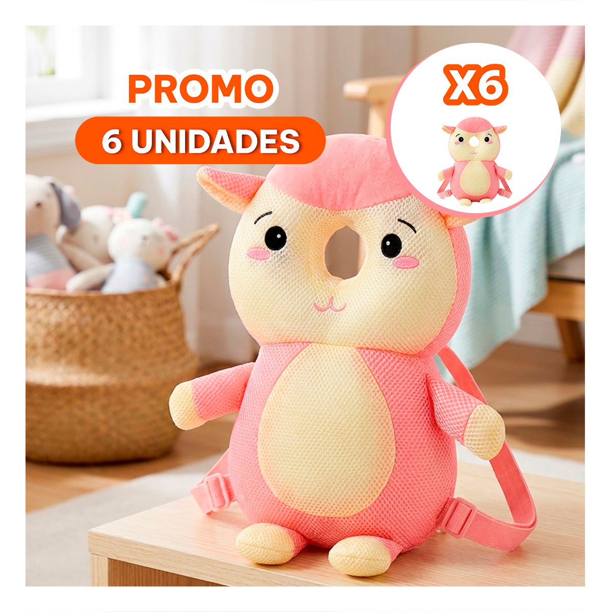 PACK6 CABEZAL PROTECTOR PARA BEBE OVEJA ROSADO CON DISENO Y PROTECCION ANTI CAIDA - 1