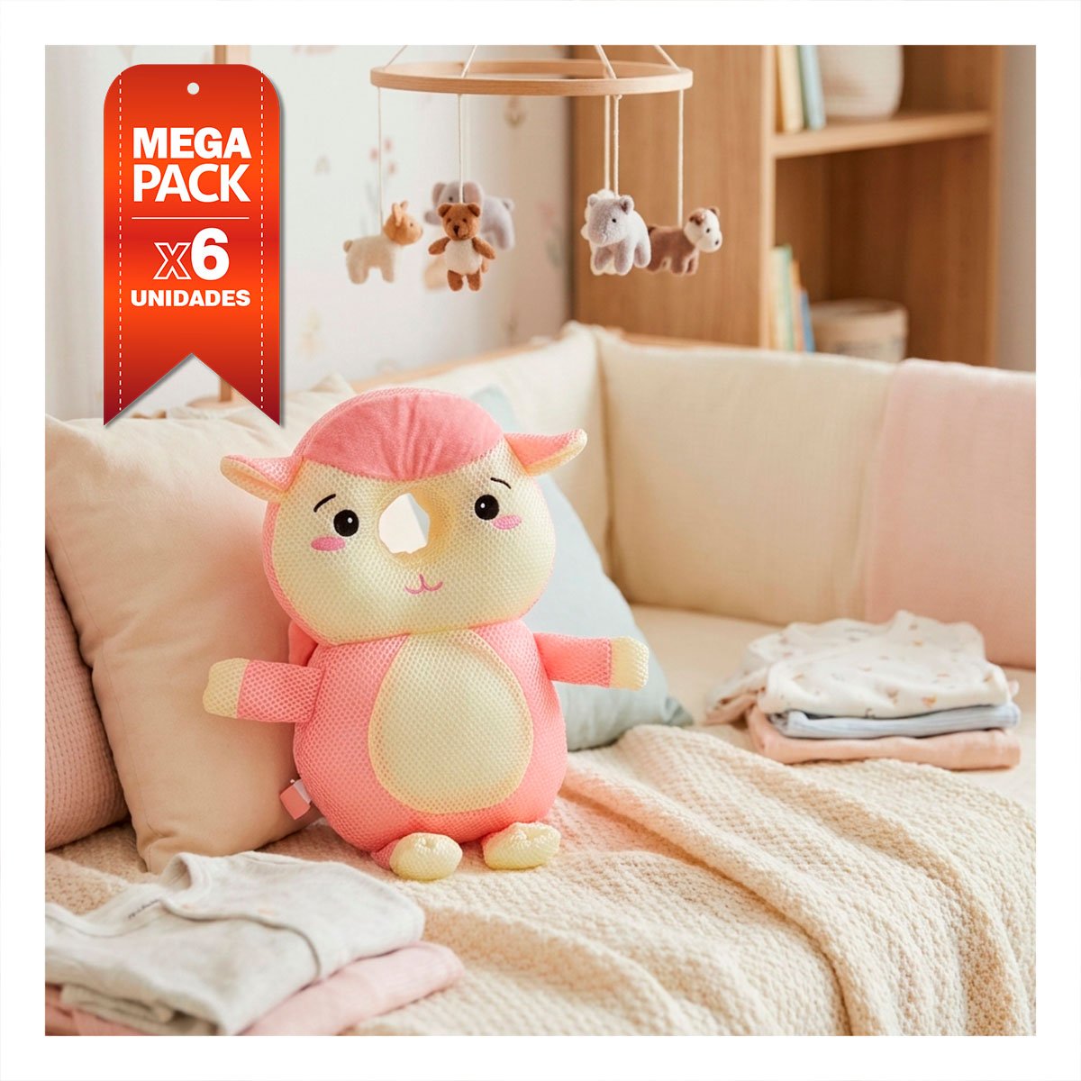 PACK6 COJIN PARA BEBE OVEJA ROSADO CON PROTECCION INFANTIL ANTI CAIDA YREGALO STICKER - 1