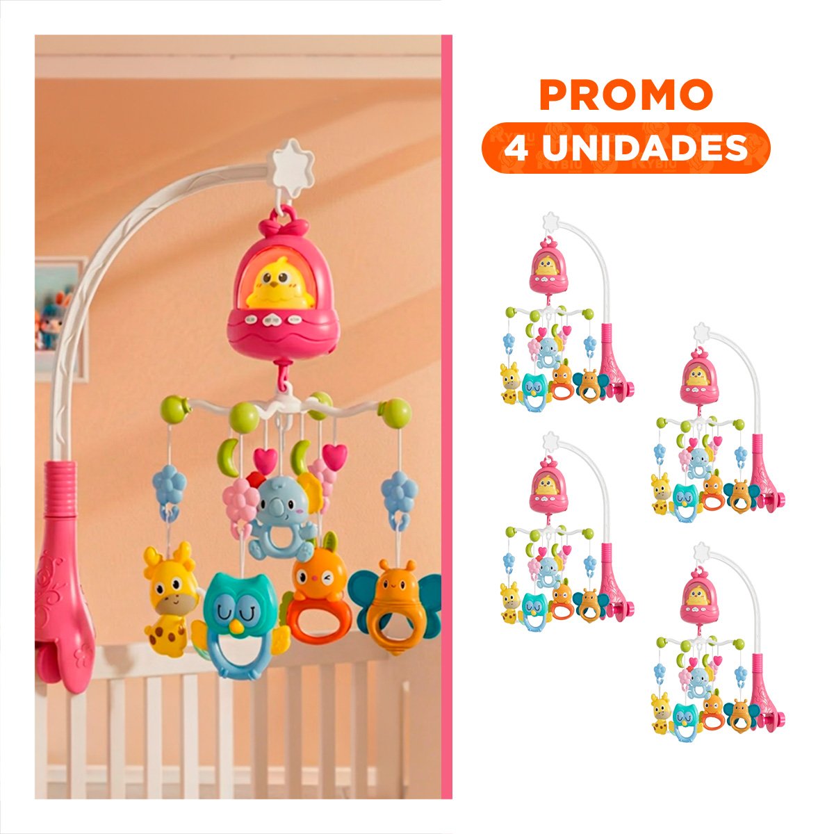 PACK4 JUGUETE SONORO PARA BEBE POLLO ROSADO CON DISENO MUSICAL PARA CUNA YREGALO STICKER - 1