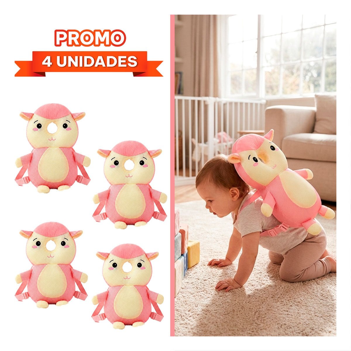 PACK4 ALMOHADA PARA BEBE CON DISENO OVEJA ROSADO Y PROTECCION PARA CAMA - 1