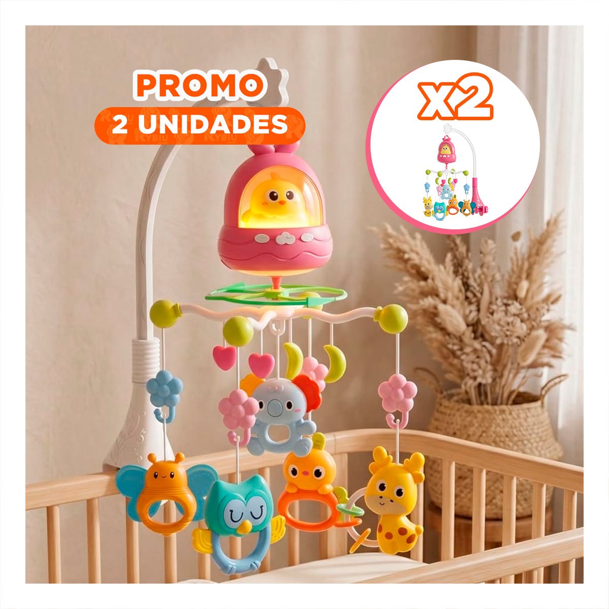 PACK2 CARRUSEL MUSICAL INFANTIL POLLO ROSADO PARA CUNA Y DESCANSO YREGALO STICKER - 1