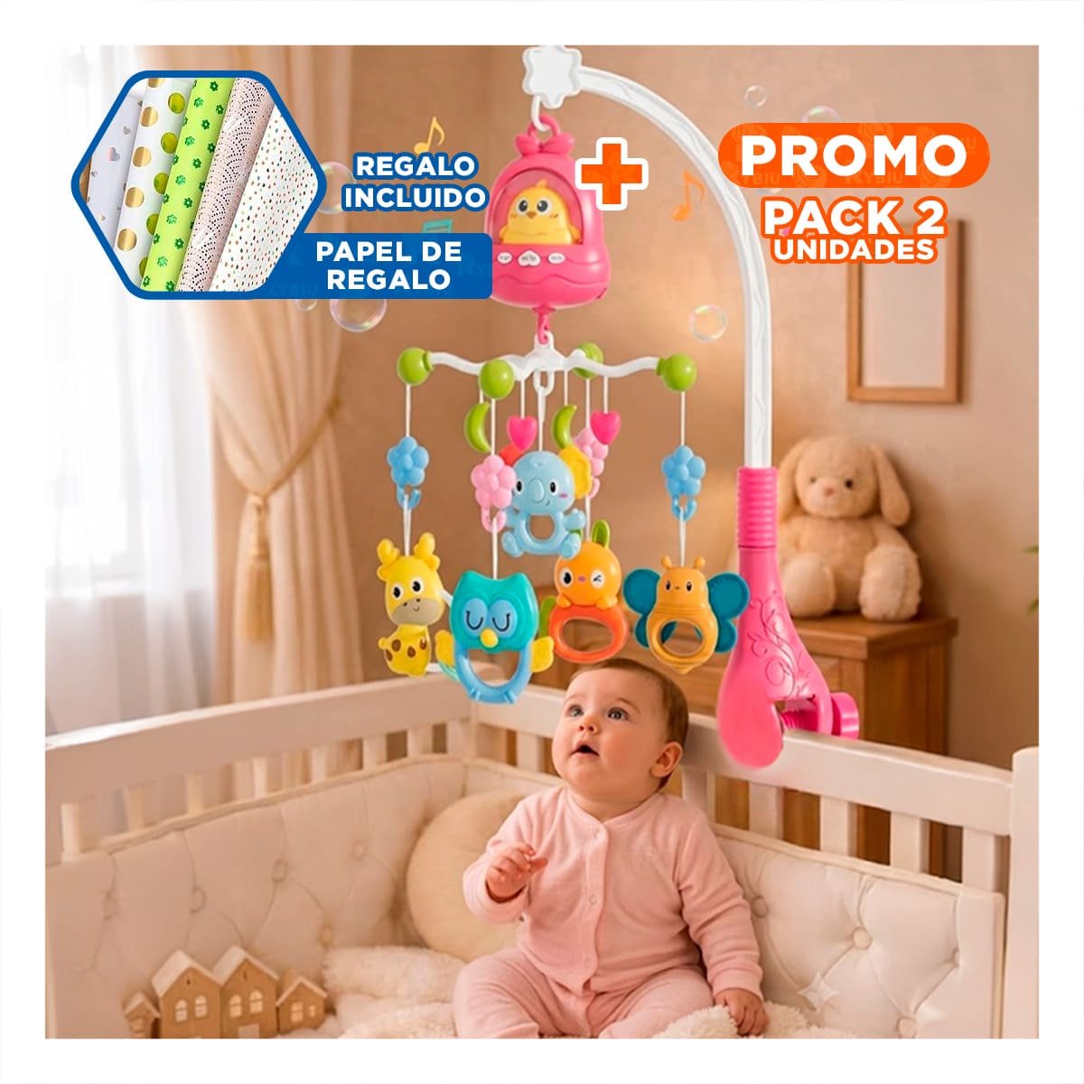 PACK2 JUGUETE PARA CUNA POLLO ROSADO MUSICAL PARA DORMITORIO INFANTIL YPAPEL REGALO - 1