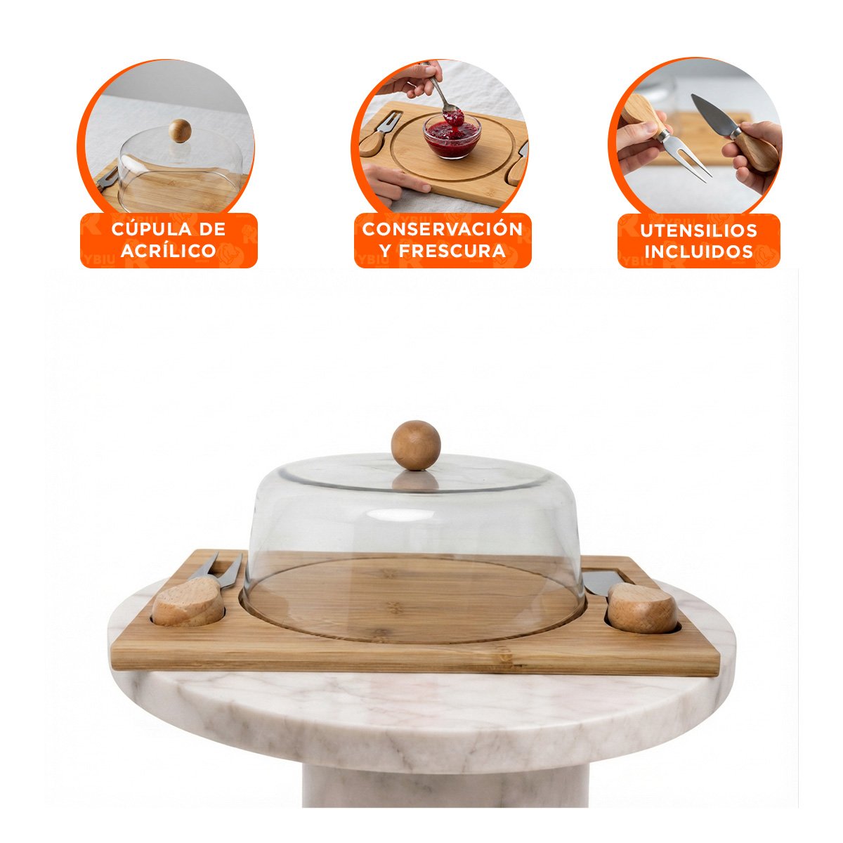 TABLA DE MADERA RECTANGULAR CON CUPULA CON 2 UTENSILIOS PARA SERVIR EN CASA - 4