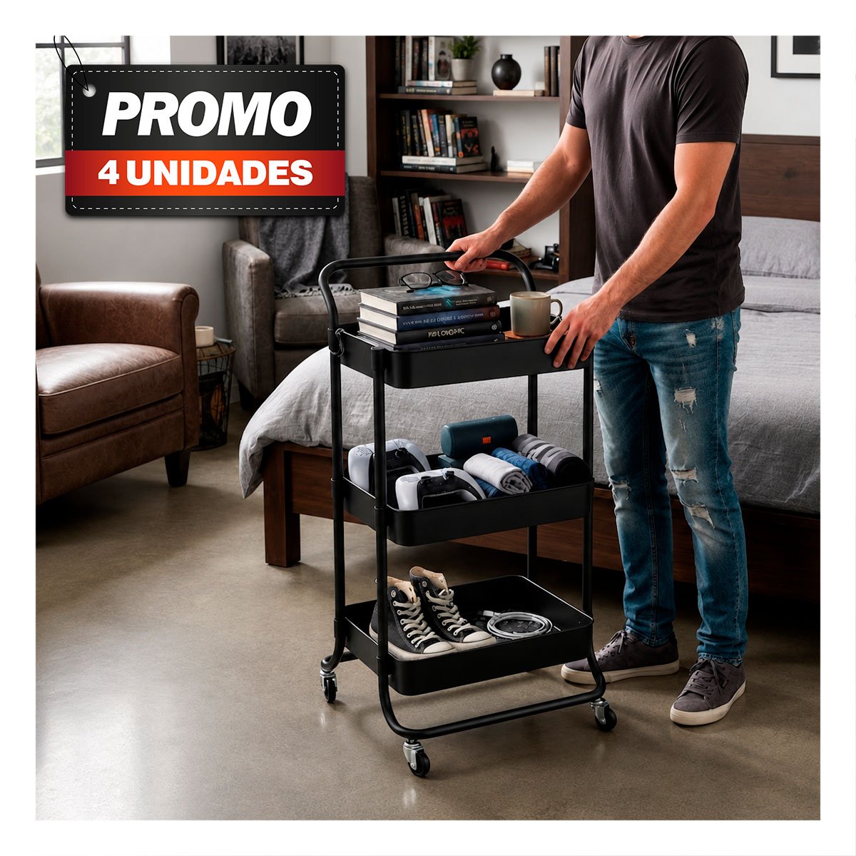 PACK4 CARRO ESTANTE AUXILIAR DE 3 NIVELES MANGO GRANDE GUARDAR COSAS HOGAR NEGRO YPAPEL REGALO - 1