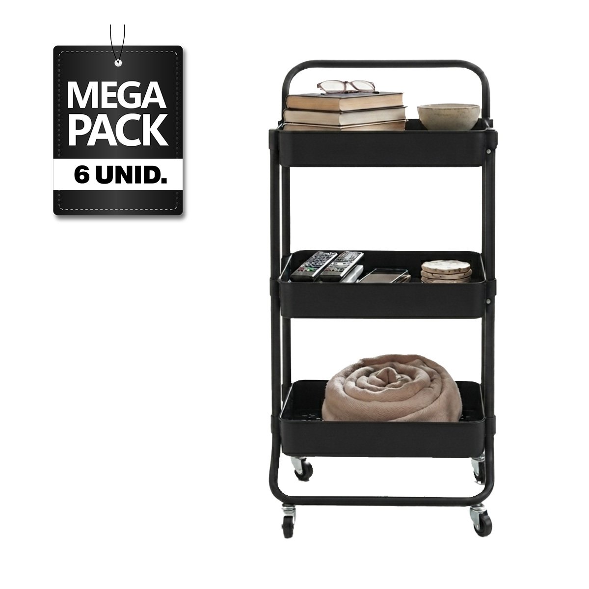 PACK6 CARRO ESTANTE MOVIL DE 3 NIVELES MANGO GRANDE ORGANIZAR ESPACIO FACIL NEGRO YPAPEL REGALO - 1