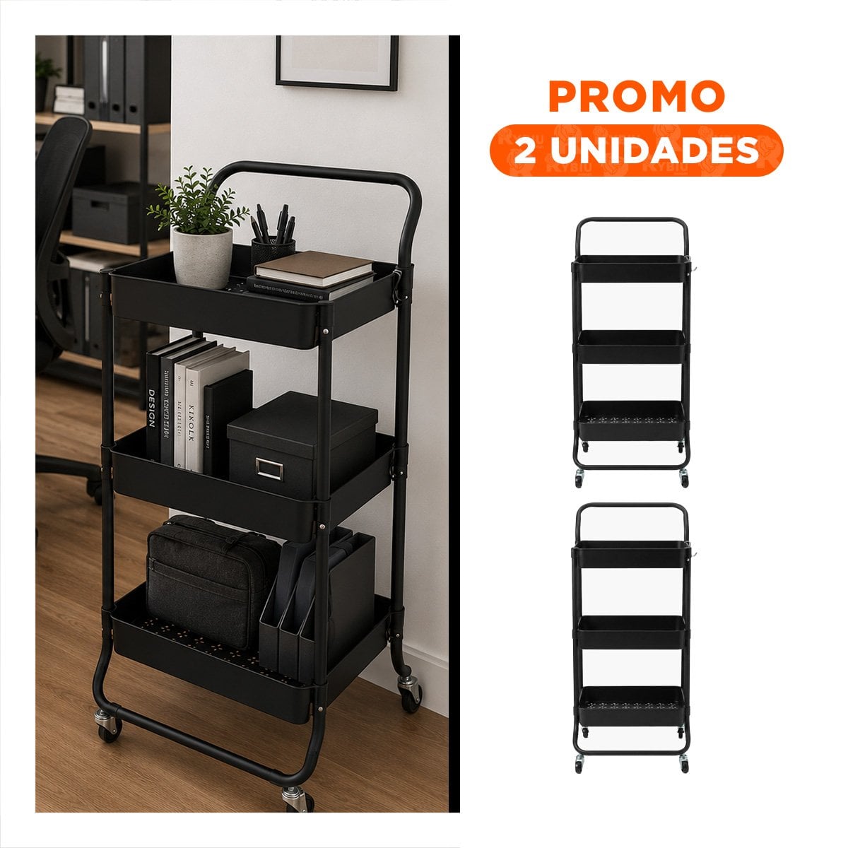 PACK2 ESTANTE CARRITO AUXILIAR 3 NIVELES MANGO GRANDE PRACTICO AHORRAR ESPACIO NEGRO - 1