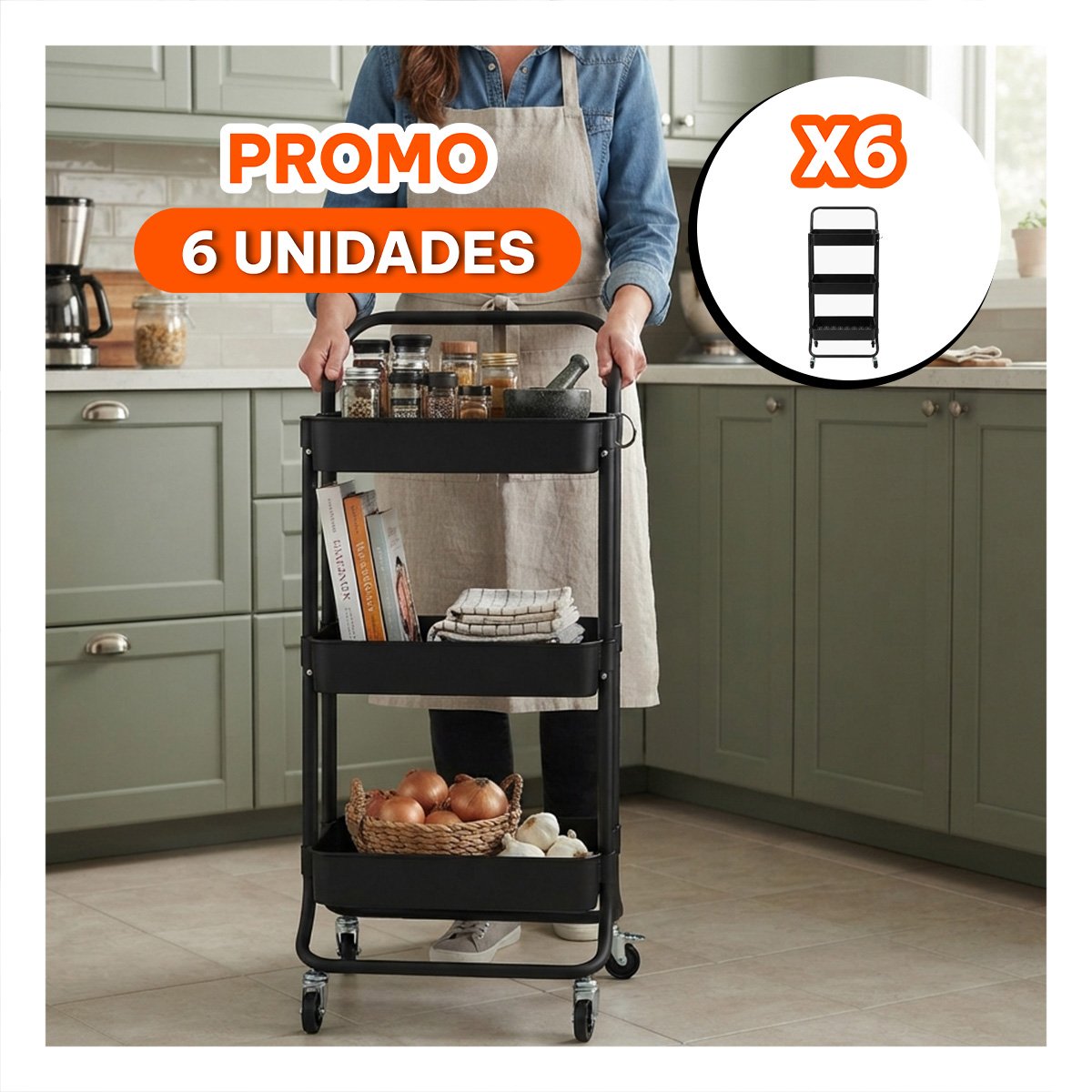 PACK6 ORGANIZADOR CARRITO MOVIL DE 3 NIVELES MANGO GRANDE ESPACIOS FACIL NEGRO - 1