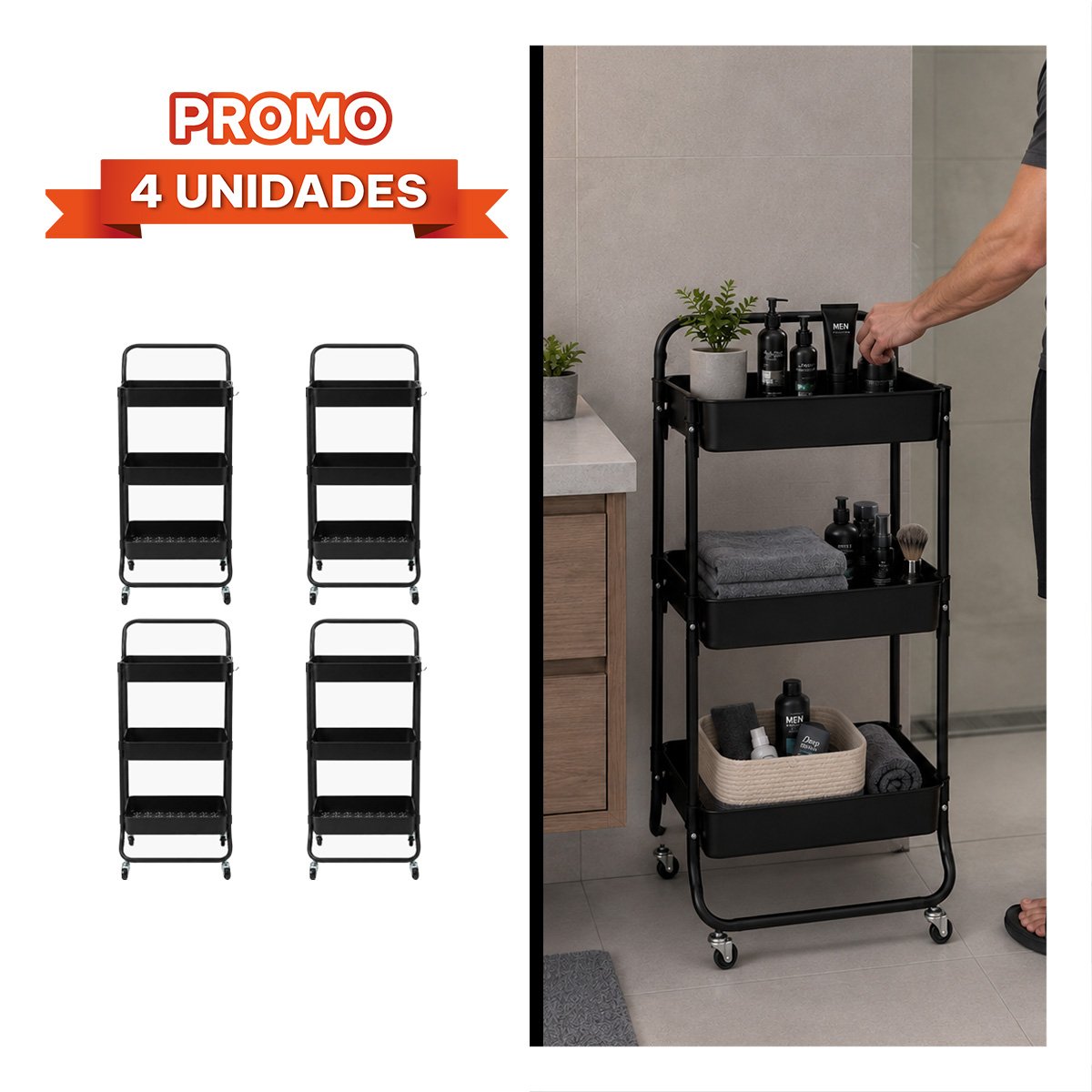 PACK4 MUEBLE CARRITO ORGANIZADOR DE 3 NIVELES MANGO GRANDE PRACTICO LA CASA NEGRO - 1