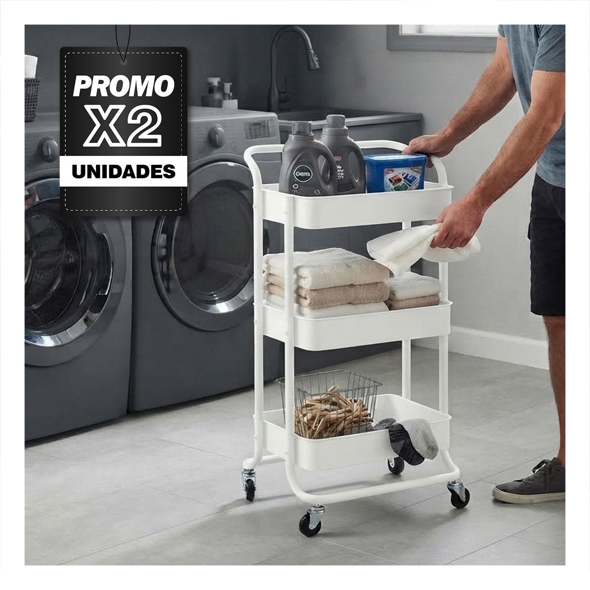 PACK2 CARRO ESTANTE MOVIL DE 3 NIVELES MANGO GRANDE ASAS DE METAL COCINA BLANCO YPAPEL REGALO - 1