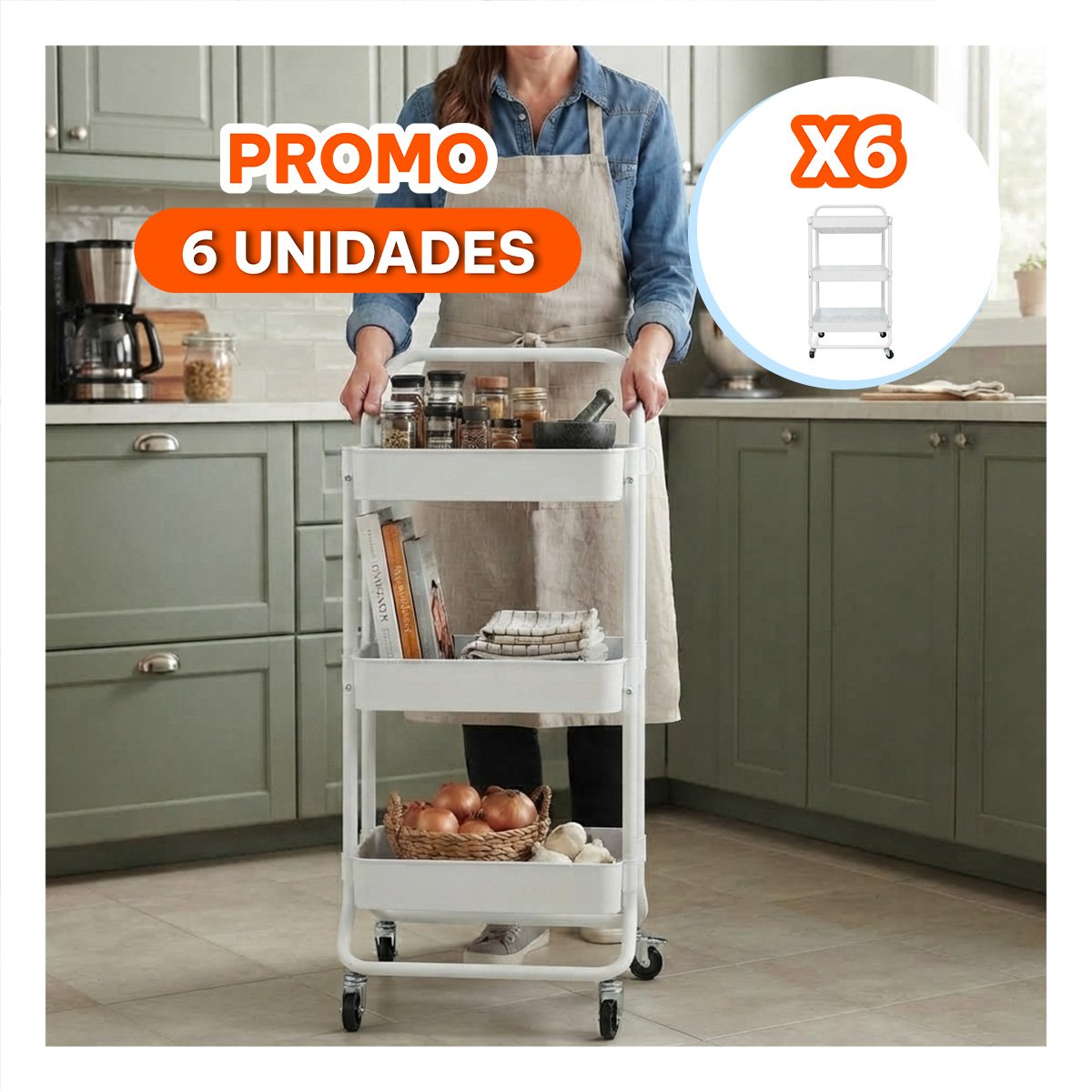 PACK6 ORGANIZADOR CARRITO AUXILIAR DE 3 NIVELES MANGO GRANDE COSAS DEL HOGAR BLANCO - 1