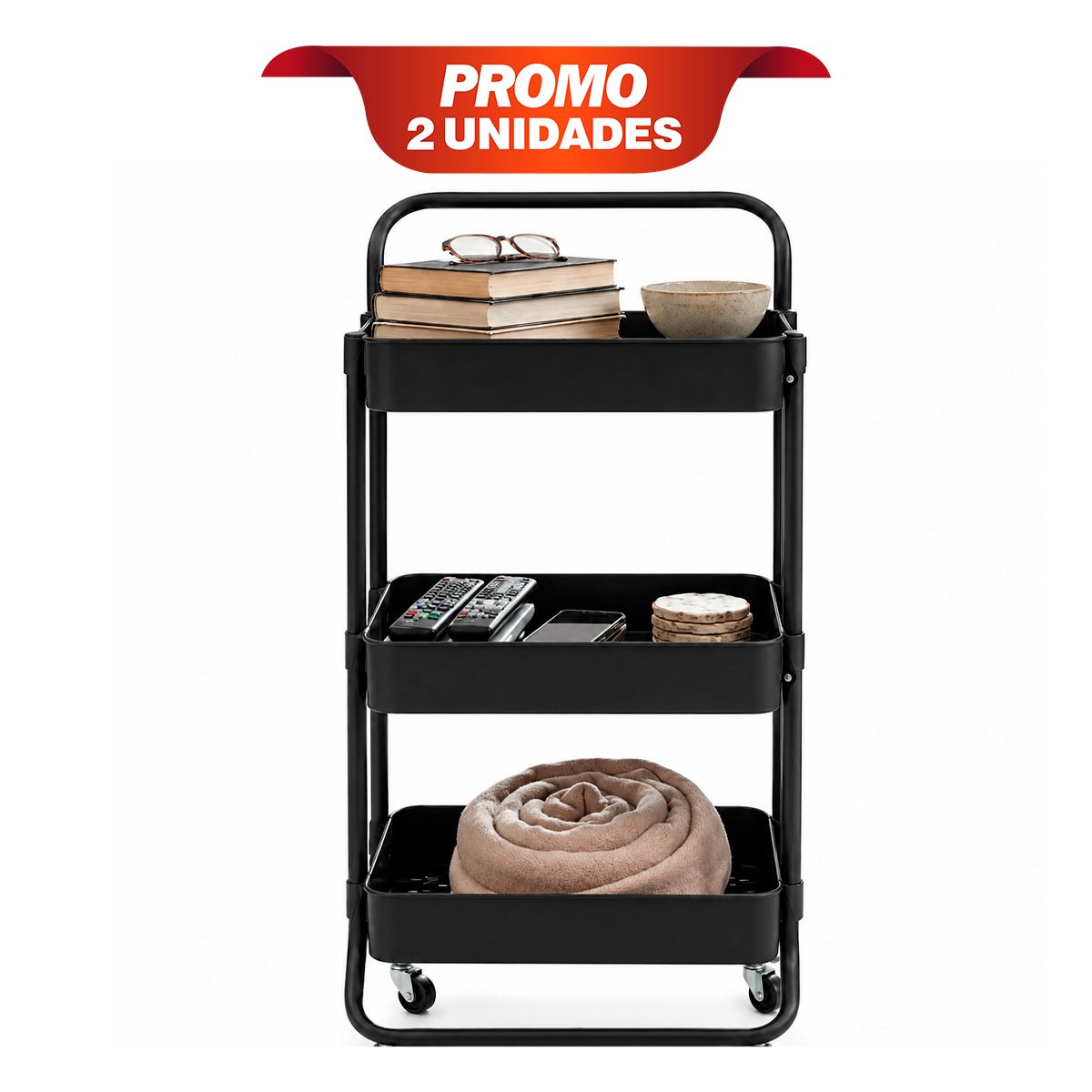PACK2 ORGANIZADOR CARRITO MOVIL DE 3 NIVELES MANGO GRANDE HOGAR NEGRO YREGALO STICKER - 1