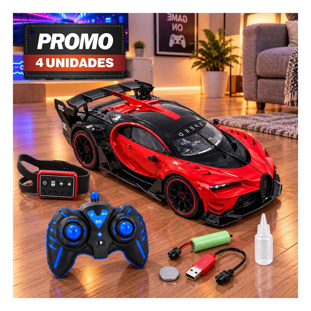 PACK4 AUTO A CONTROL REMOTO Y RELOJ DE PULSERA INTERACTIVO PARA NINOS COLOR ROJO YPAPEL REGALO - 1