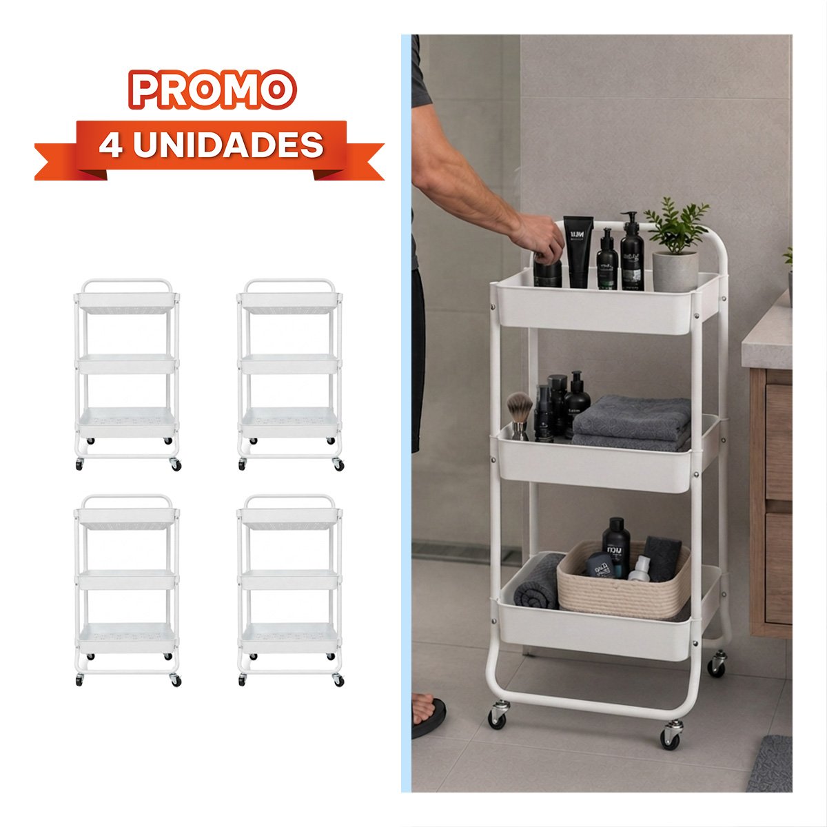 PACK4 CARRITO ESTANTE MOVIL DE 3 NIVELES MANGO GRANDE ORGANIZAR ESPACIO FACIL BLANCO - 1