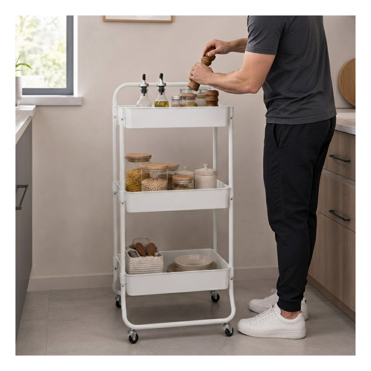 PACK6 CARRO ESTANTE ORGANIZADOR DE 3 NIVELES MANGO GRANDE PRACTICO LA CASA BLANCO YPAPEL REGALO - 2