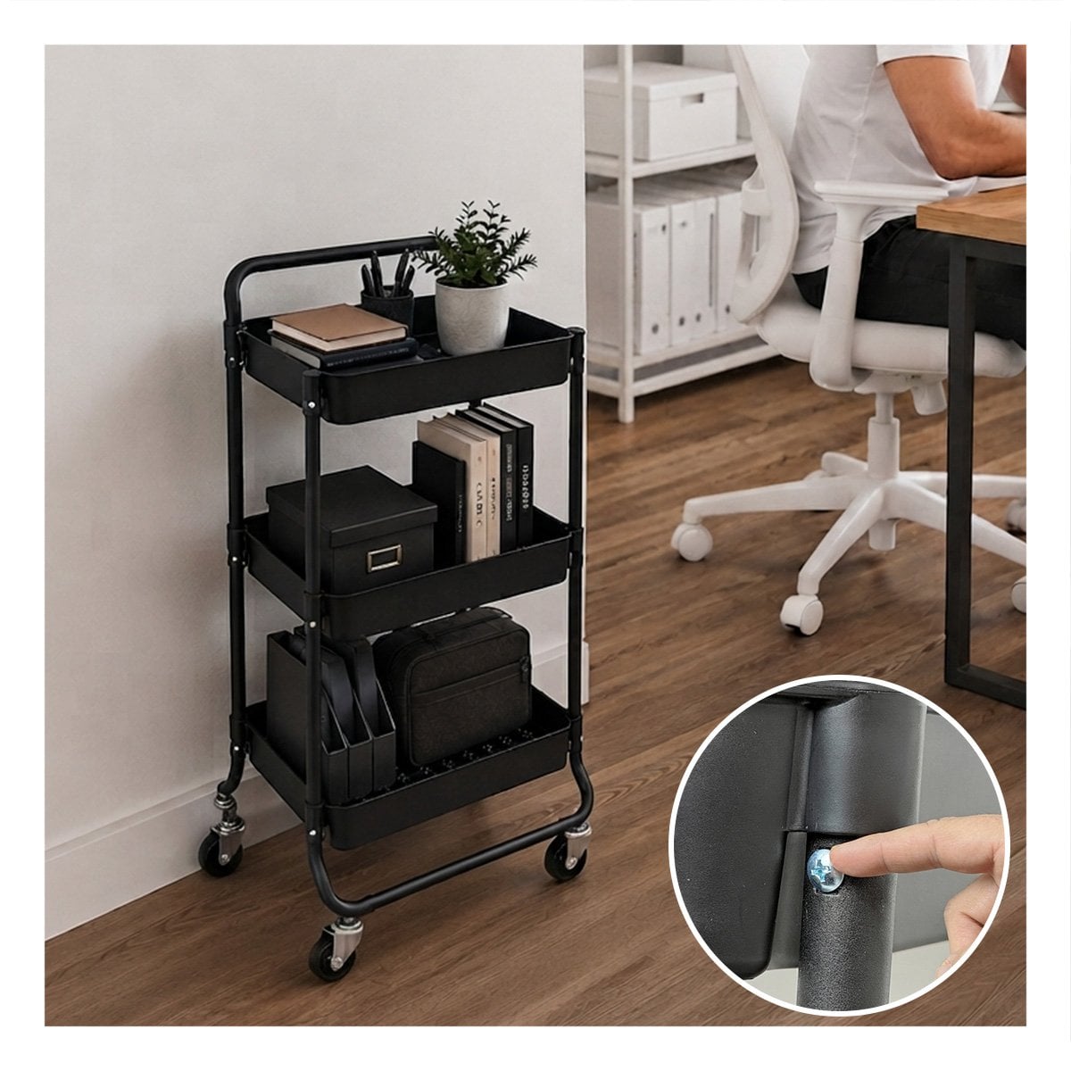 MUEBLE CARRITO MOVIL DE 3 NIVELES MANGO GRANDE ASAS DE METAL PARA CASA NEGRO Y REGALO STICKER - 1