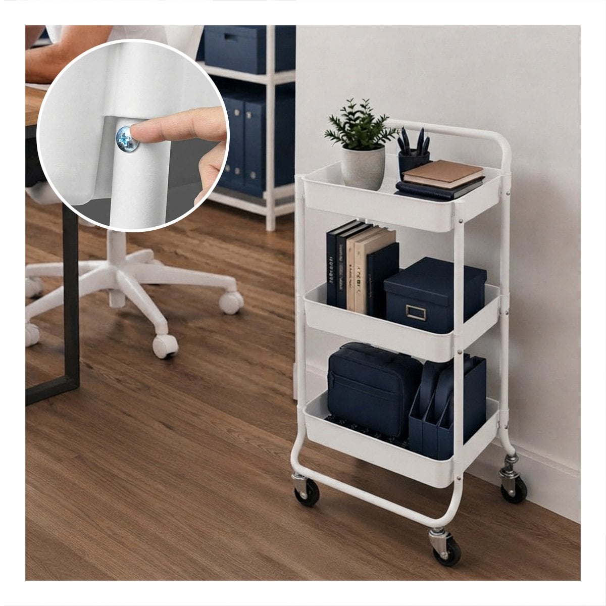 MUEBLE CARRITO AUXILIAR DE 3 NIVELES MANGO GRANDE COCINA DORMITORIO BLANCO Y REGALO STICKER - 1