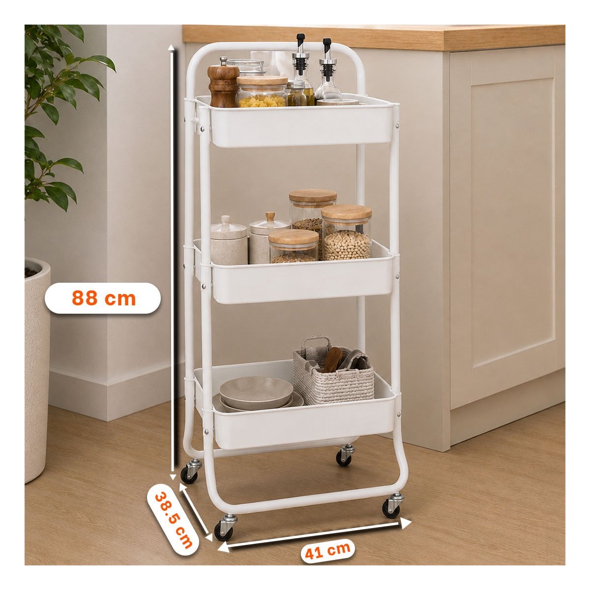 MUEBLE CARRITO AUXILIAR DE 3 NIVELES MANGO GRANDE COCINA DORMITORIO BLANCO Y REGALO STICKER - 2