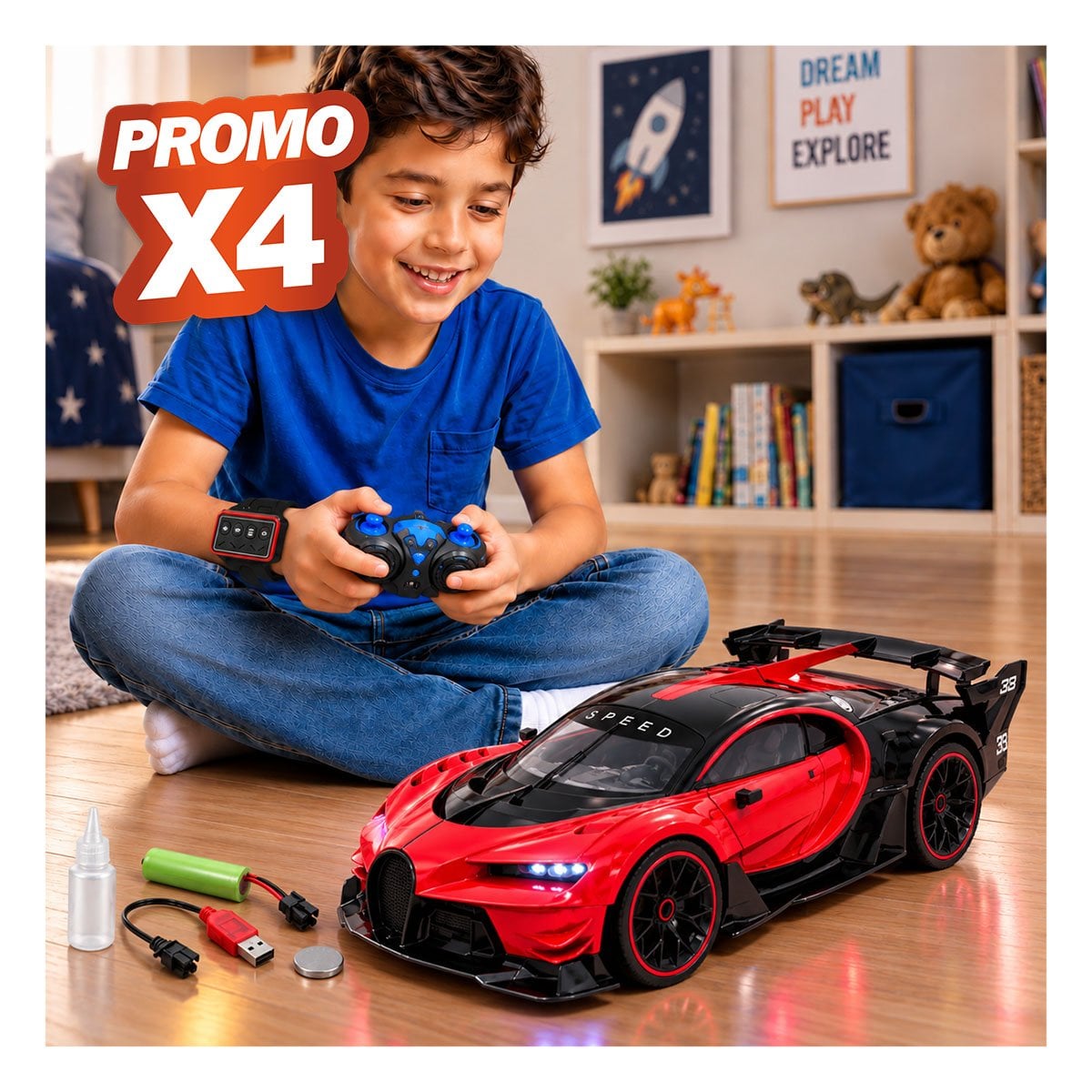 PACK4 CARRO A CONTROL REMOTO Y RELOJ DE PULSERA INFANTIL PARA NINOS COLOR ROJO YREGALO STICKER - 1