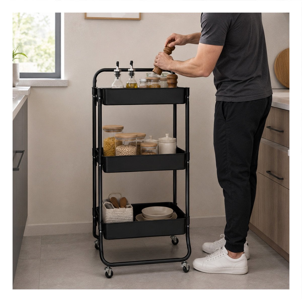 ORGANIZADOR CARRITO DE 3 NIVELES MANGO GRANDE RUEDAS CLOSET OFICINA NEGRO Y PAPEL REGALO - 1