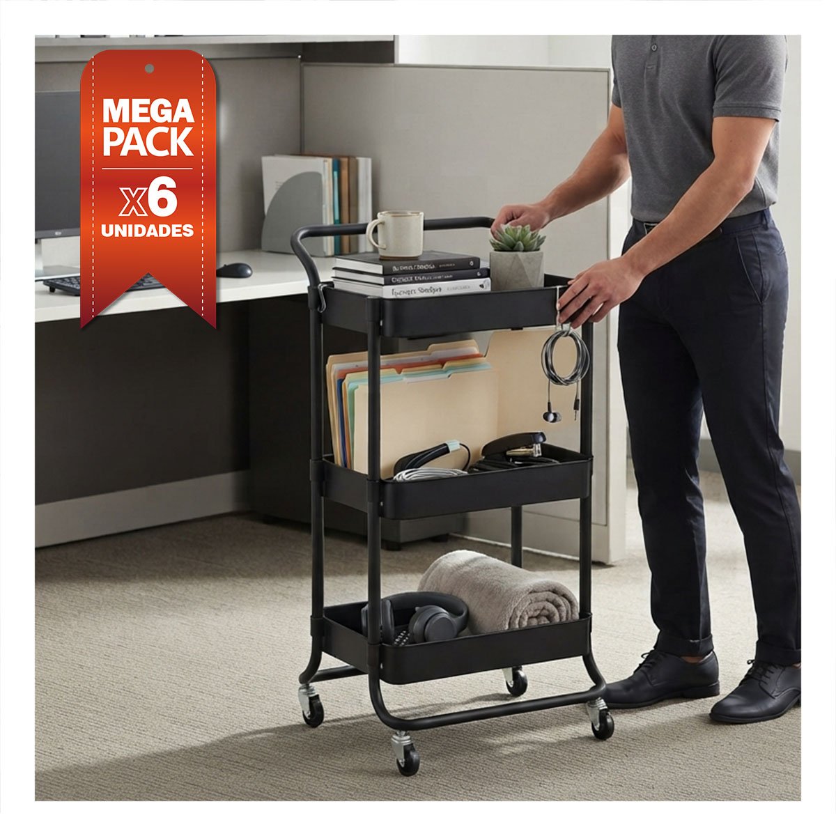 PACK6 ESTANTE CARRITO MULTIUSO DE 3 NIVELES MANGO GRANDE OBJETOS VARIOS NEGRO YREGALO STICKER - 1