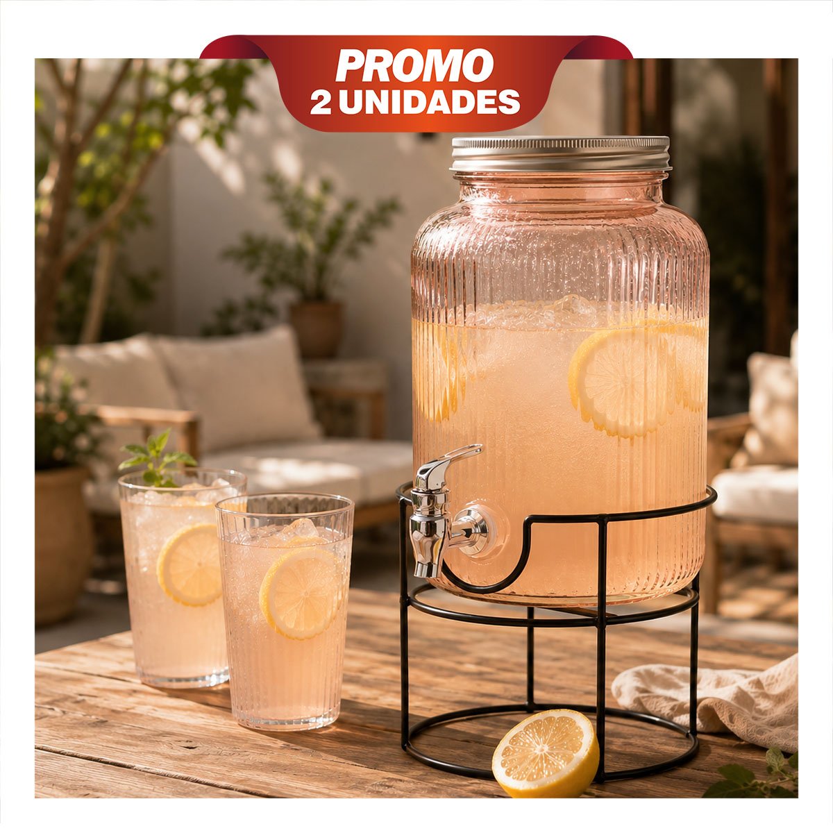 PACK2 SERVIDOR PARA JUGOS 8L TRANSPARENTE NARANJA CON BASE CIRCULAR METALICA YREGALO STICKER - 1