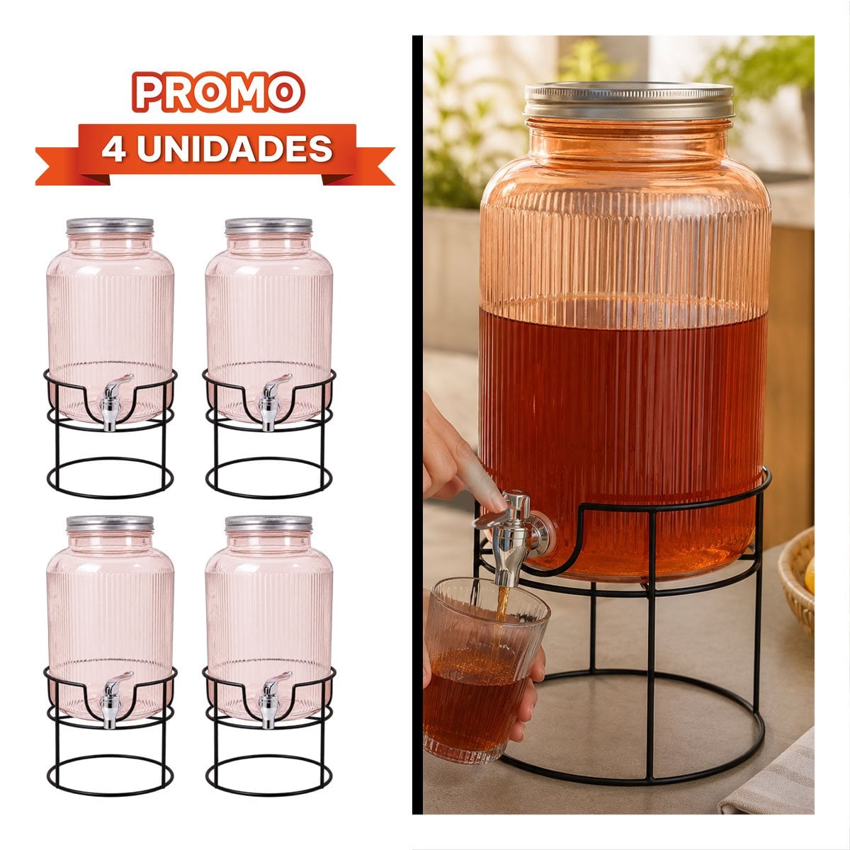 PACK4 DISPENSADOR TRANSPARENTE NARANJA PARA MESA CON BASE METALICA CIRCULAR 8L - 1