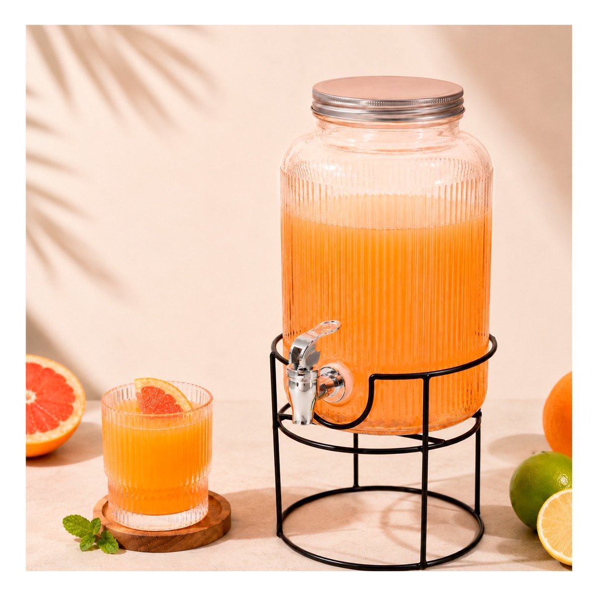 SERVIDOR DE BEBIDAS TRANSPARENTE NARANJA 8L CON SOPORTE METALICO CIRCULAR Y LIGAS REGALO - 1