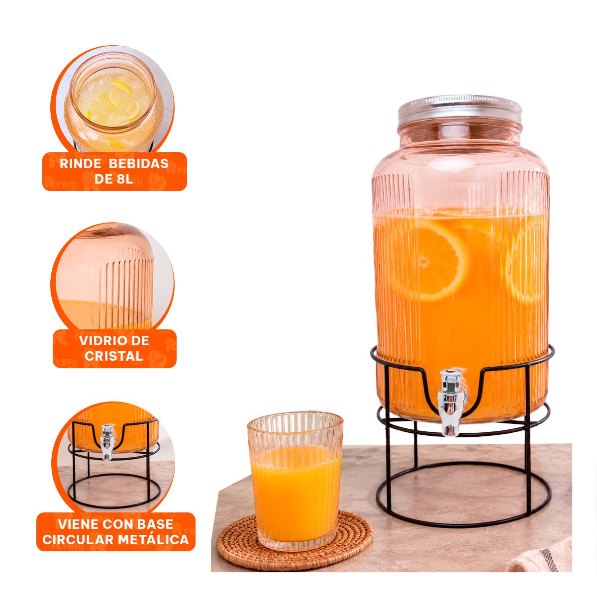 SERVIDOR DE BEBIDAS TRANSPARENTE NARANJA 8L CON SOPORTE METALICO CIRCULAR Y LIGAS REGALO - 4