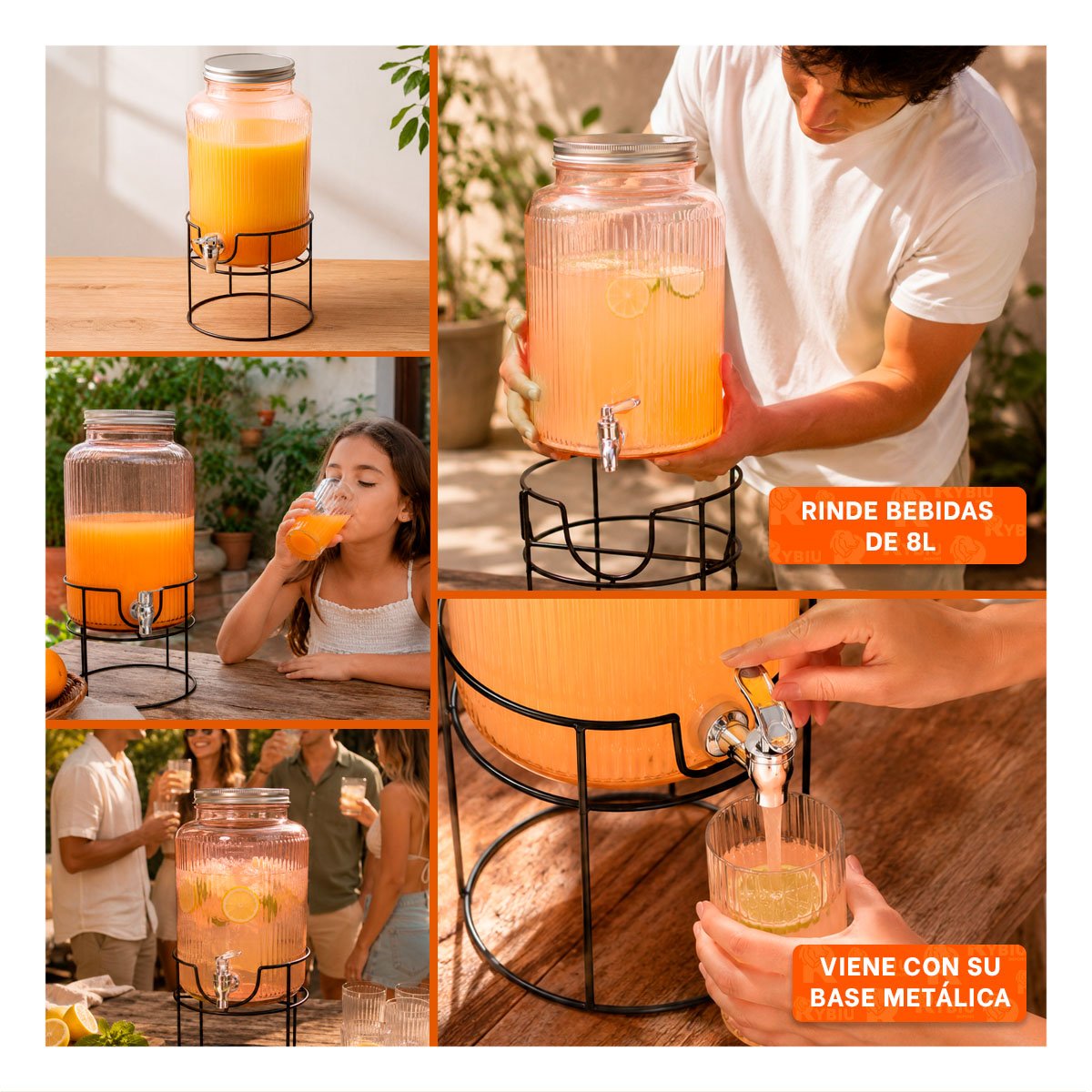 DISPENSADOR DE REFRESCOS CON BASE METALICA 8L CIRCULAR TRANSPARENTE NARANJA Y STICKY - 3