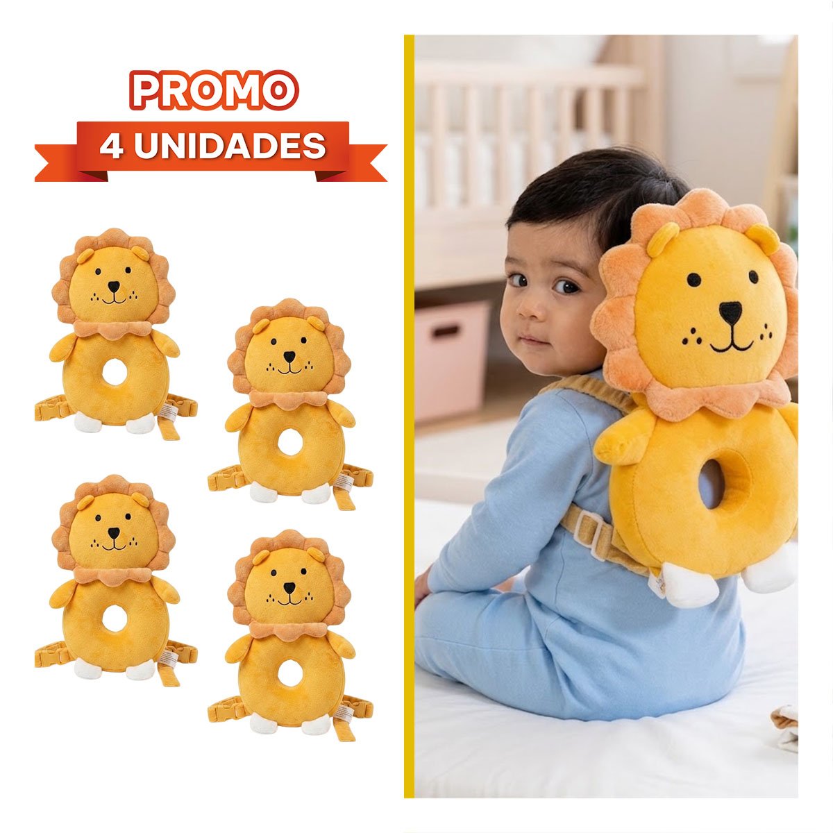 PACK4 ALMOHADA PARA BEBE CON DISENO LEON AMARILLO Y PROTECCION PARA CAMA - 1