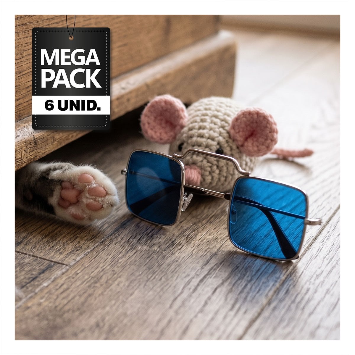 PACK6 GAFAS DECORATIVAS PARA MASCOTA AZUL CON FORMA CUADRADA PARA FOTOGRAFIA YPAPEL REGALO - 1