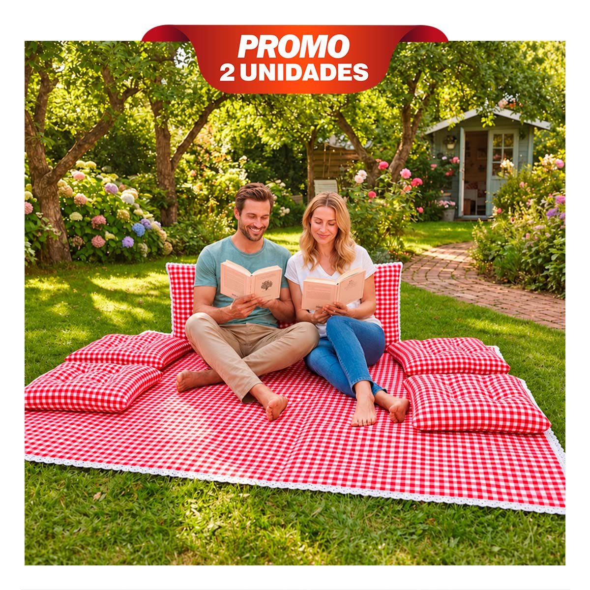 PACK2 LONA PICNIC Y 6 COJINES CON BORDE DE ENCAJE SALIDAS UTIL ROJO Y BLANCO YREGALO STICKER - 1