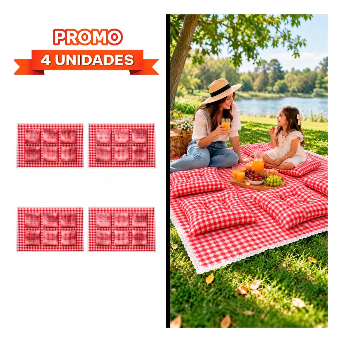 PACK4 MANTA PICNIC Y 6 COJINES BORDE DE ENCAJE PARA PASEOS CAMPO ROJO Y BLANCO - 1
